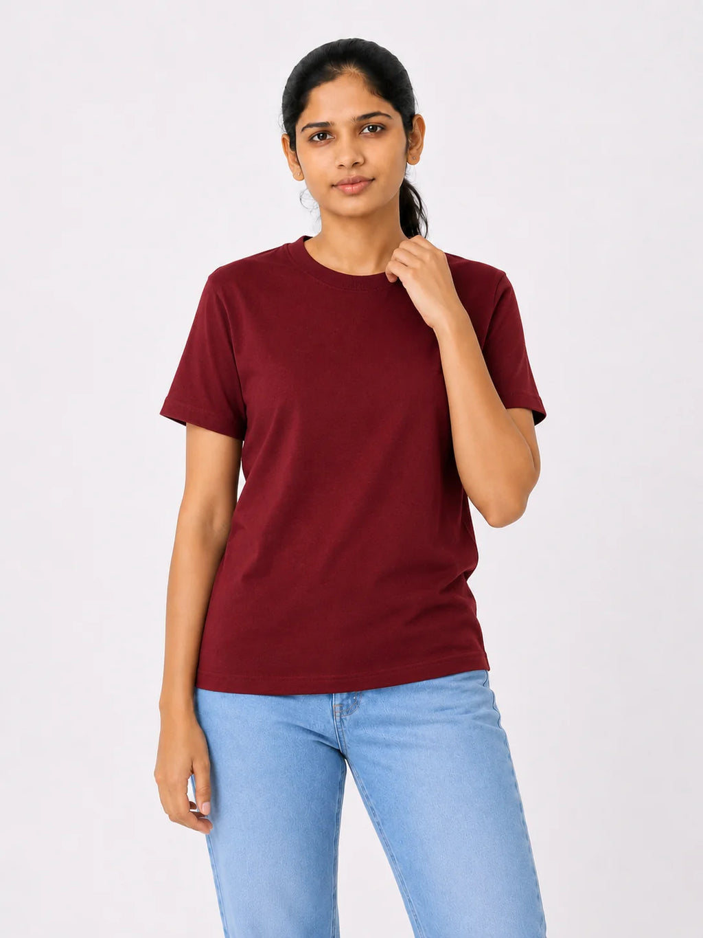 Women’s maroon 100% cotton bio-washed T-shirt by 365BC