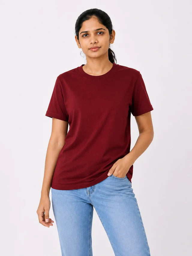 Women's 100% Cotton T-Shirt – Maroon | Bio-Washed Soft Tee