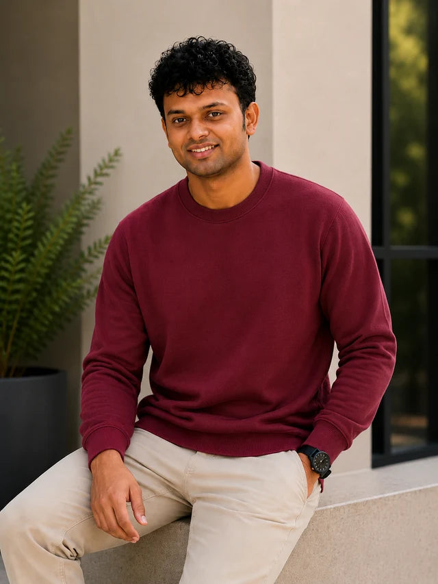 Men's premium maroon cotton blend crewneck sweatshirt, 88% cotton and 12% polyester, styled for everyday wear