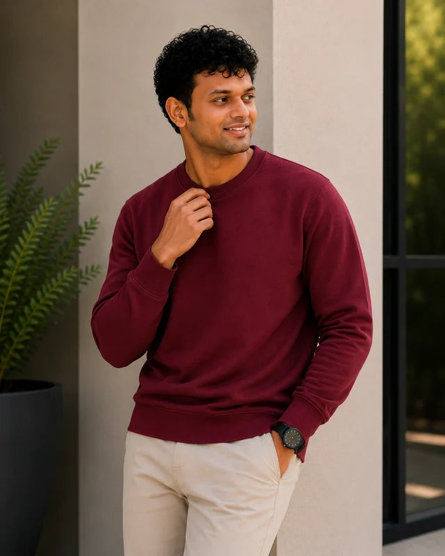 Men's Premium Cotton Crewneck Sweatshirt – Maroon | Stylish Men's Sweatshirt