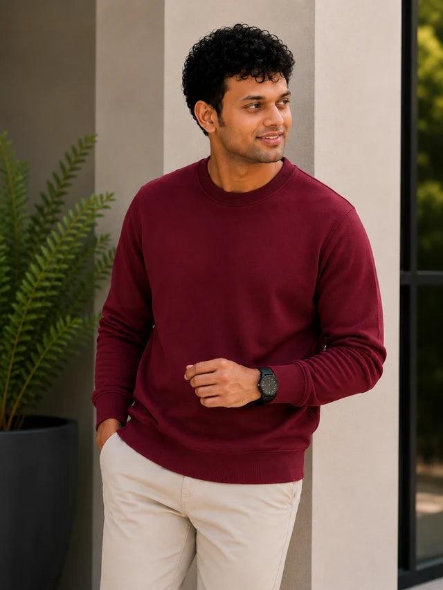 Men's Premium Cotton Crewneck Sweatshirt – Maroon | Stylish Men's Sweatshirt