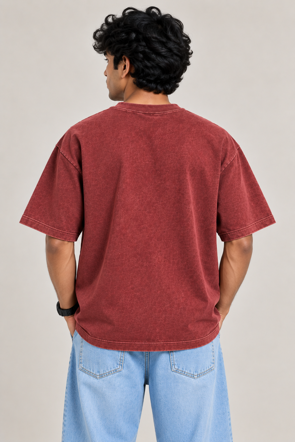 Men's Red Acid Wash 240 GSM 100% Cotton French Terry Oversized T-Shirt