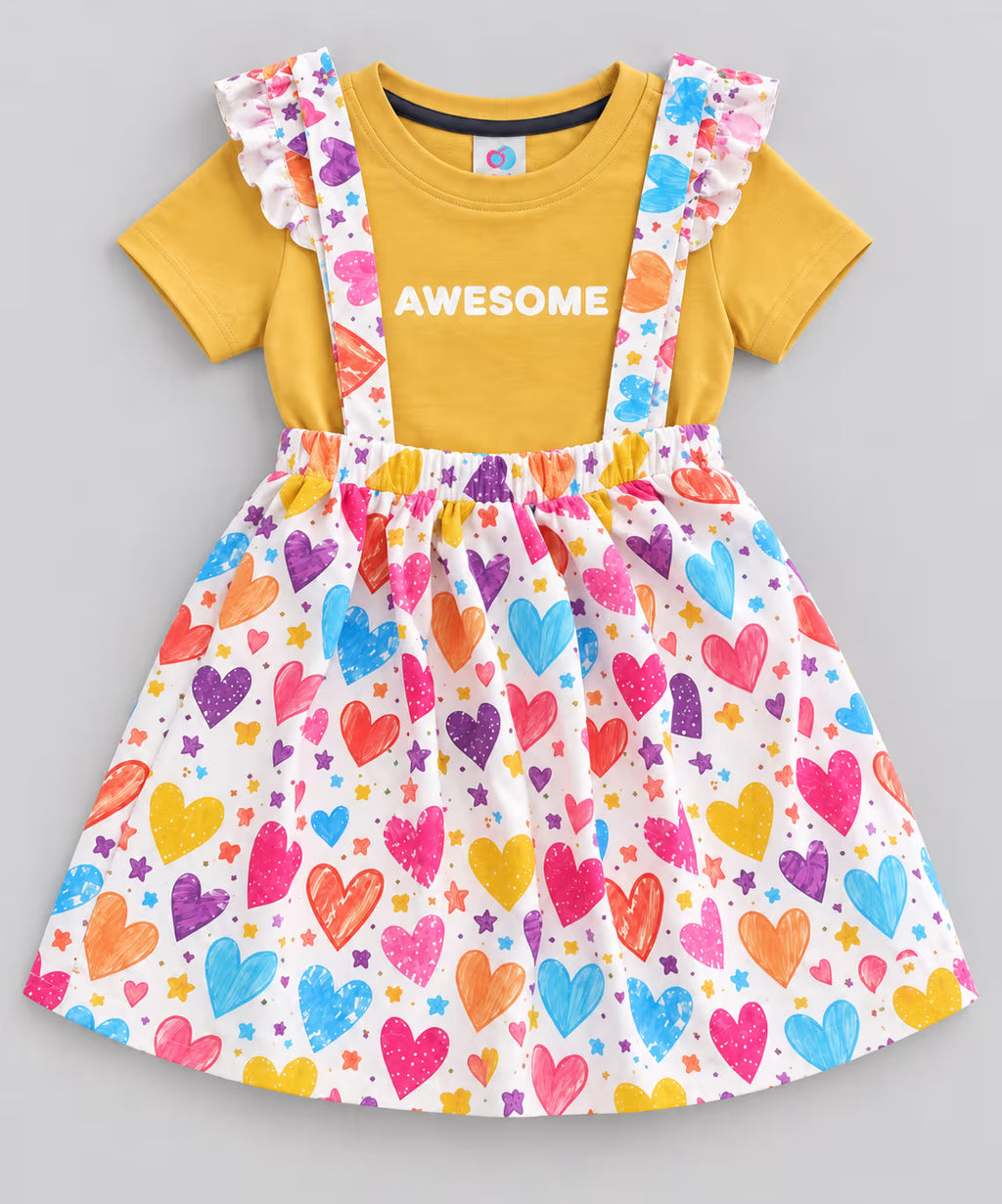Mustard Yellow Heart Print Suspender Dress Set for Girls