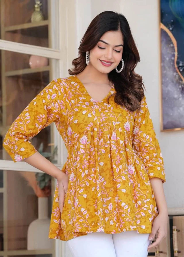 Mustard Yellow Floral Printed Cotton Tunic Top