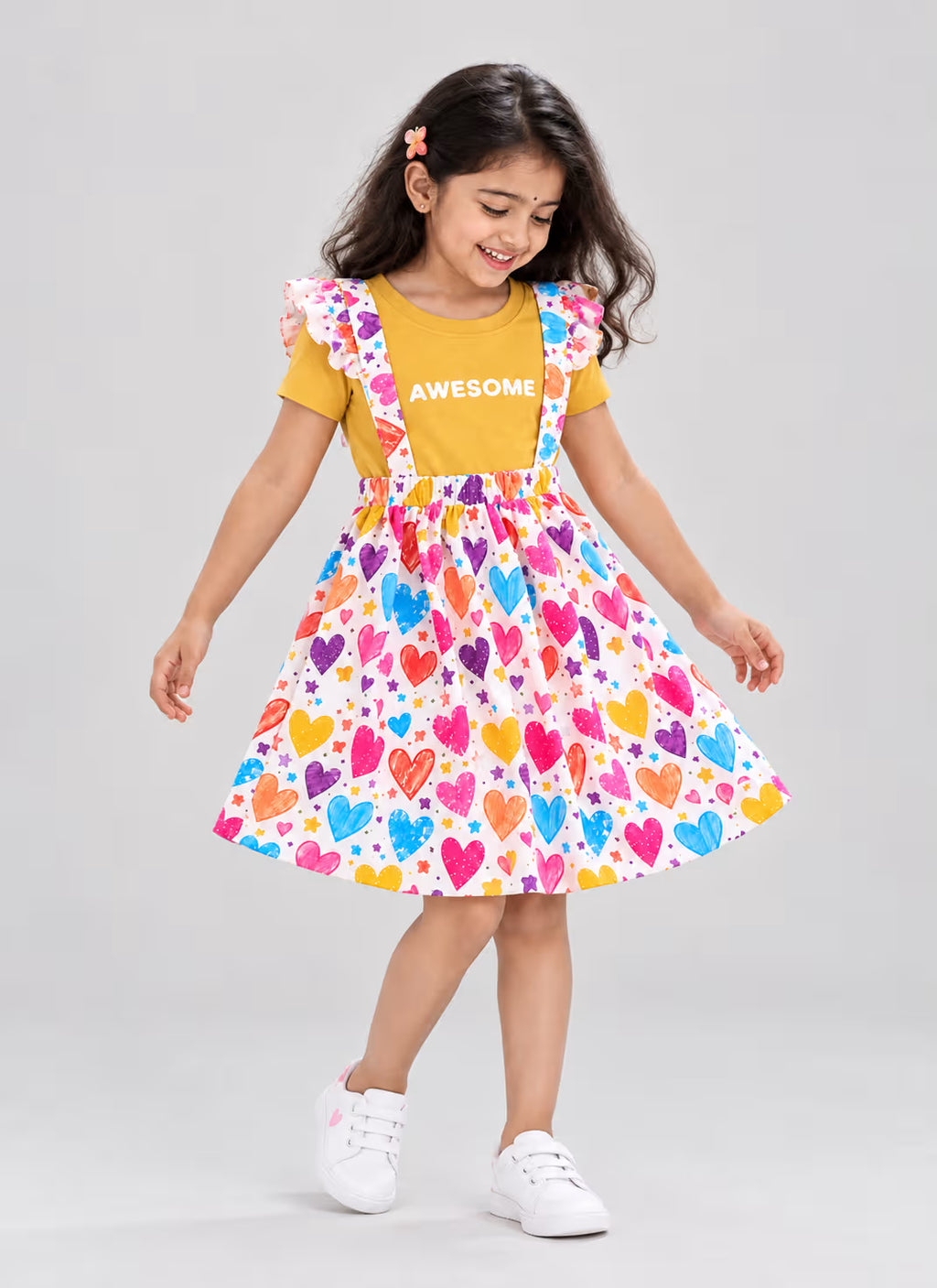Mustard yellow heart print suspender dress set for girls