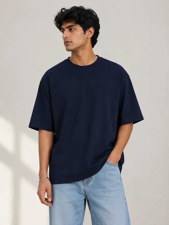 365BC men's navy blue 240 GSM 100% cotton French Terry oversized T-shirt