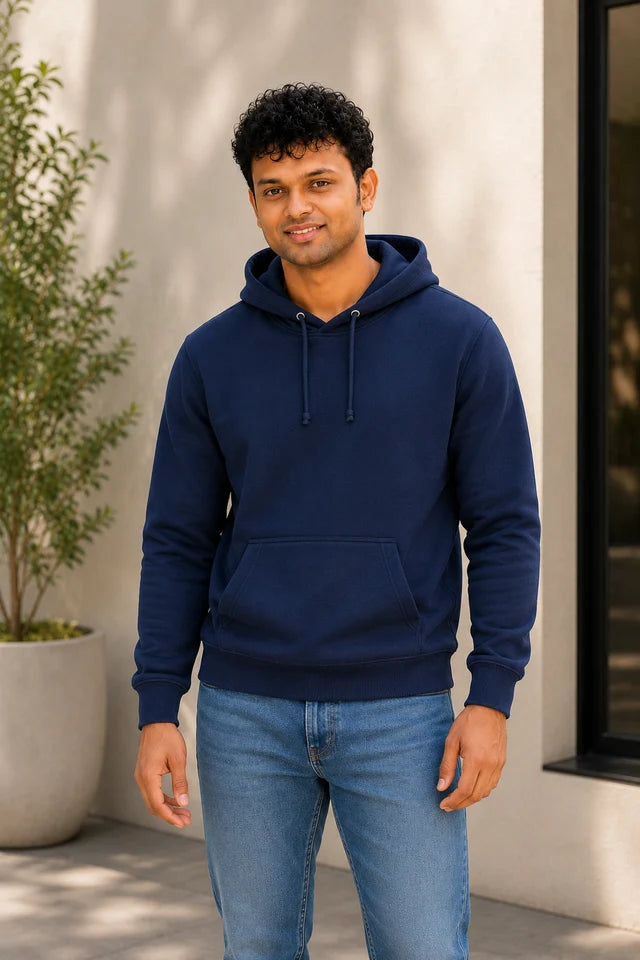 Men's navy blue 320 GSM cotton blend hoodie, 88% cotton and 12% polyester, styled for everyday wear