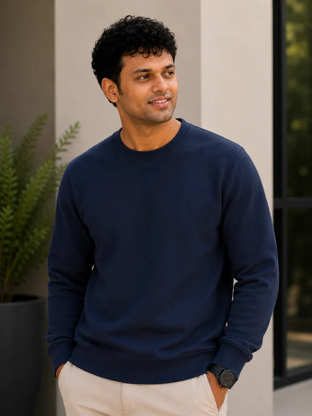 Men's premium navy blue cotton blend crewneck sweatshirt, 88% cotton and 12% polyester, styled for everyday wear