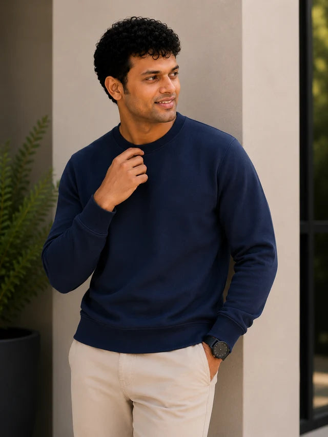 Men's Premium Cotton Crewneck Sweatshirt – Navy Blue | Winter Sweatshirt