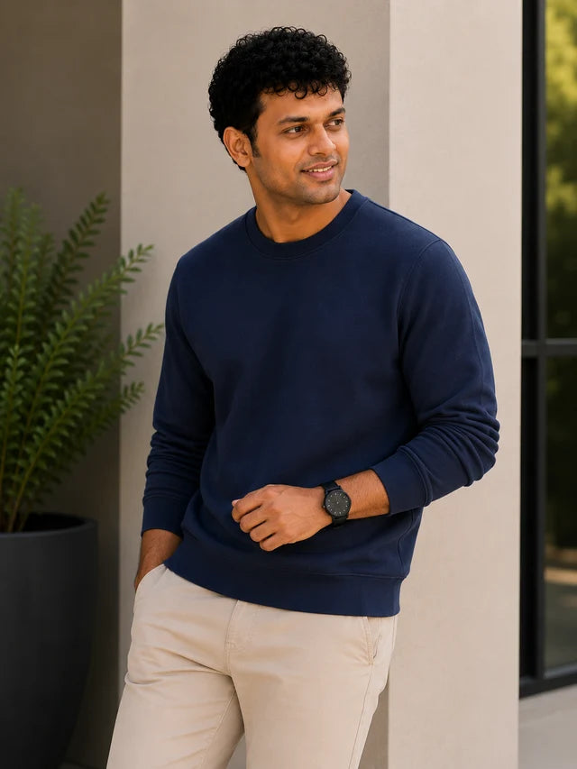 Men's Premium Cotton Crewneck Sweatshirt – Navy Blue | Winter Sweatshirt