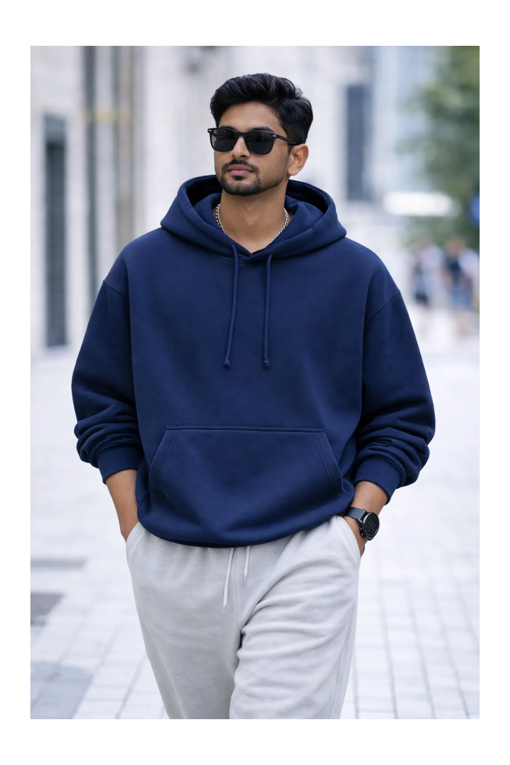 Men's navy blue 430 GSM heavyweight oversized hoodie with a relaxed streetwear fit
