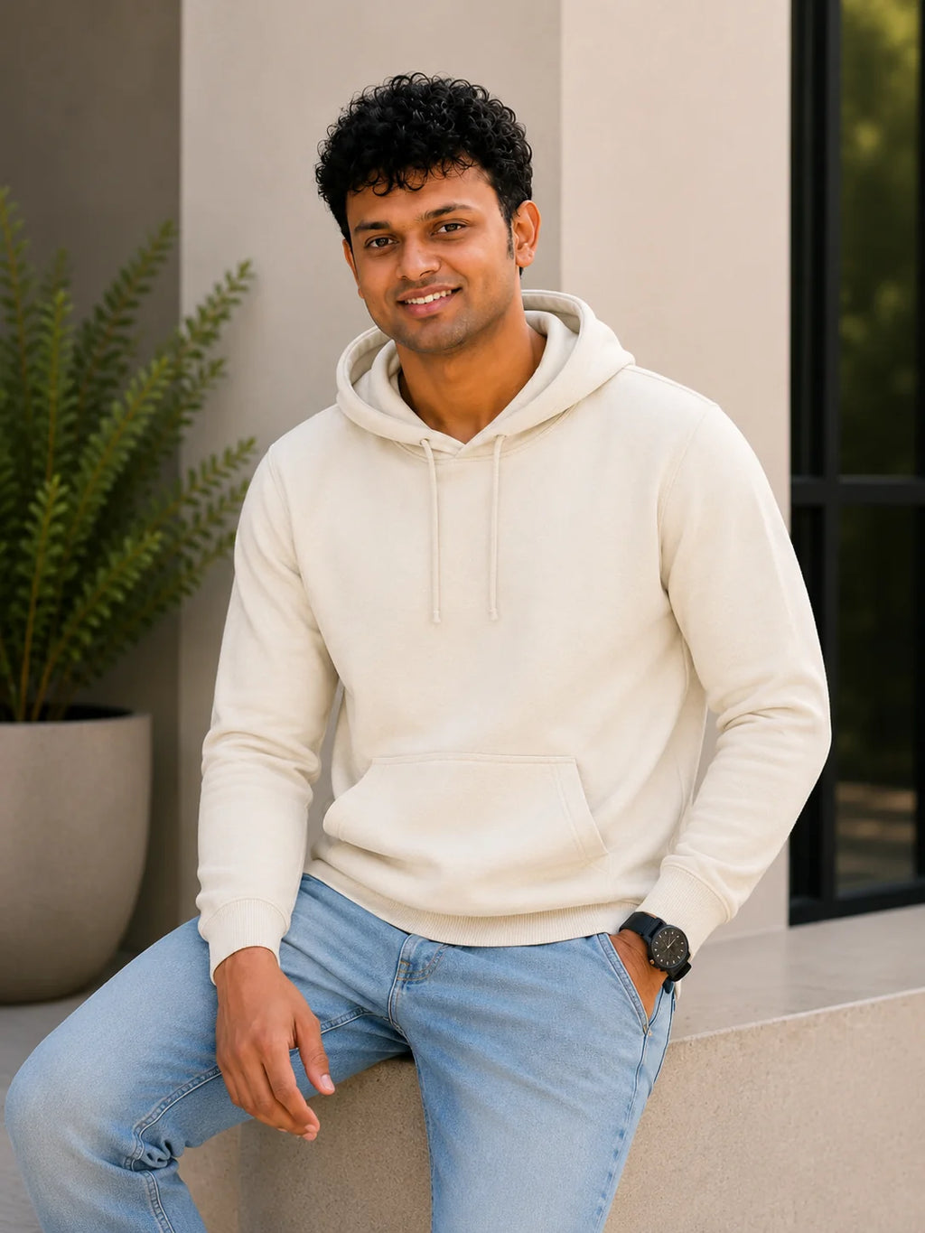 Men's off white 320 GSM cotton blend hoodie, 88% cotton and 12% polyester, styled for everyday wear