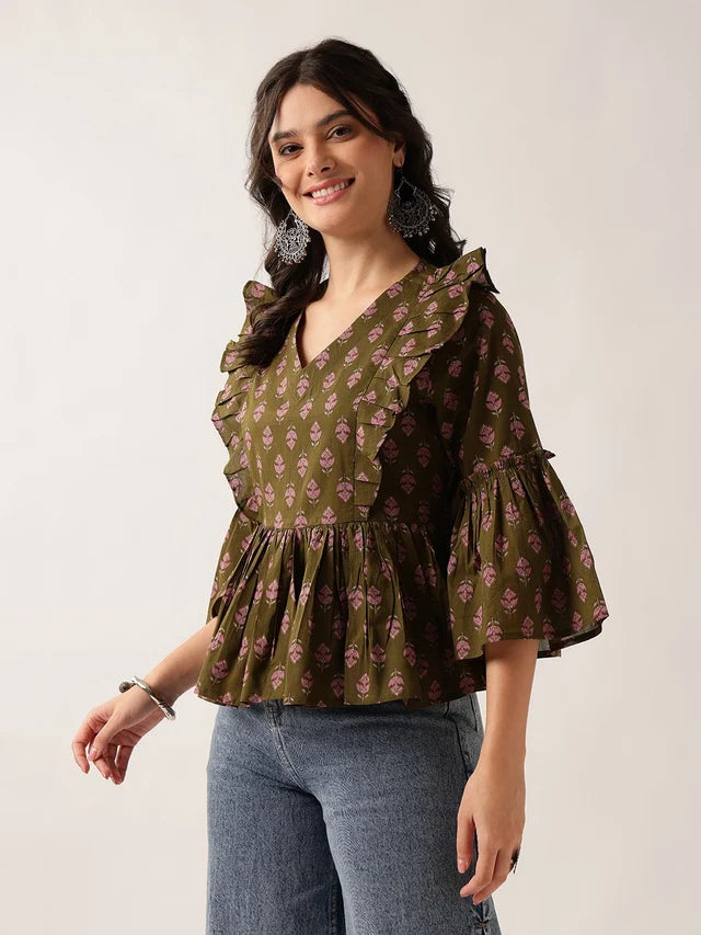 Women's Plum Printed Cotton Ruffle Peplum Top