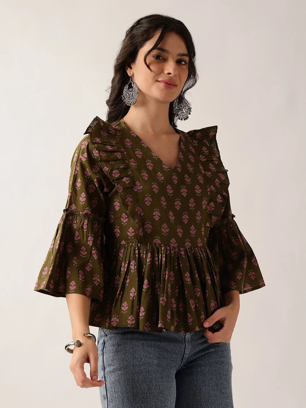 Women's Plum Printed Cotton Ruffle Peplum Top