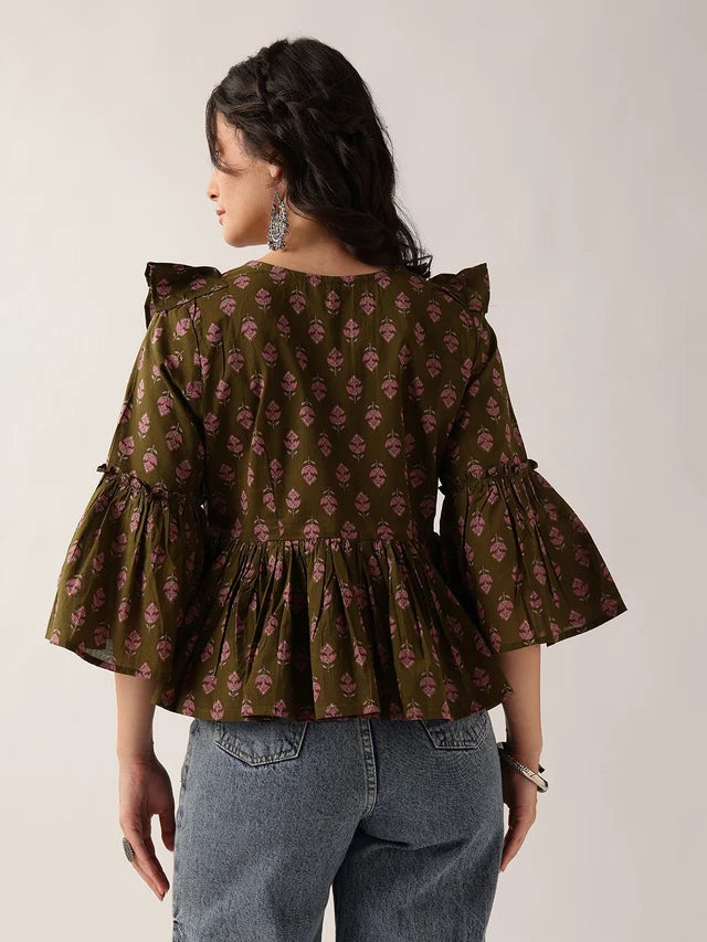 Women's Plum Printed Cotton Ruffle Peplum Top