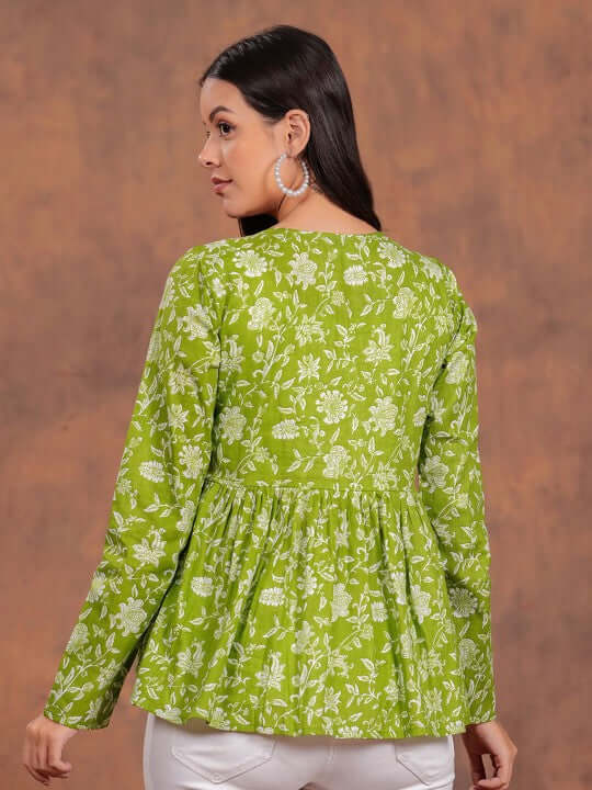 Olive Green Floral Printed Cotton Tunic Top