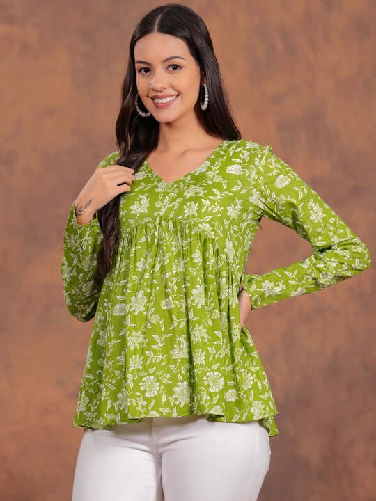 Women's olive green floral printed cotton tunic top with long sleeves and relaxed fit