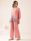 Blush pink floral printed co-ord set for women with embroidered top and wide-leg pants