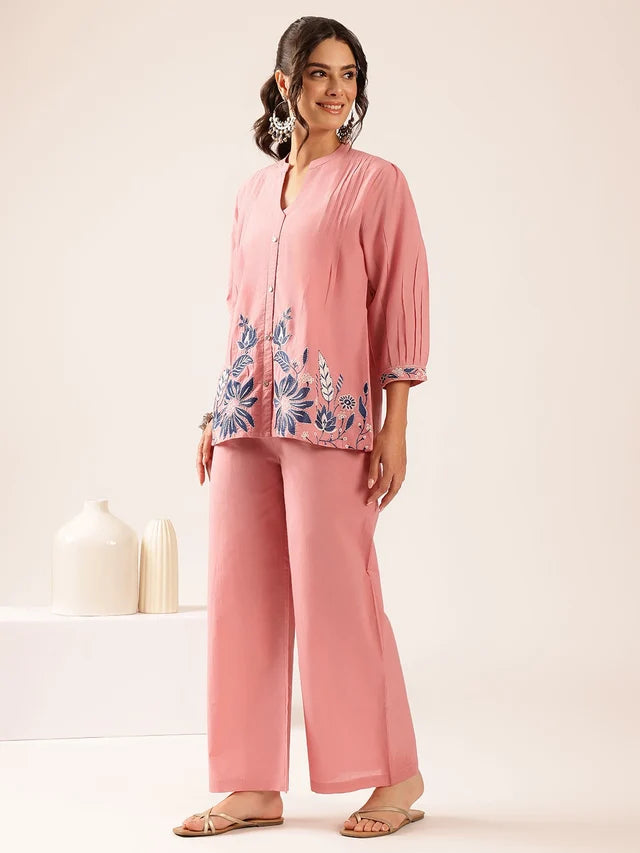Blush pink floral printed co-ord set for women with embroidered top and wide-leg pants
