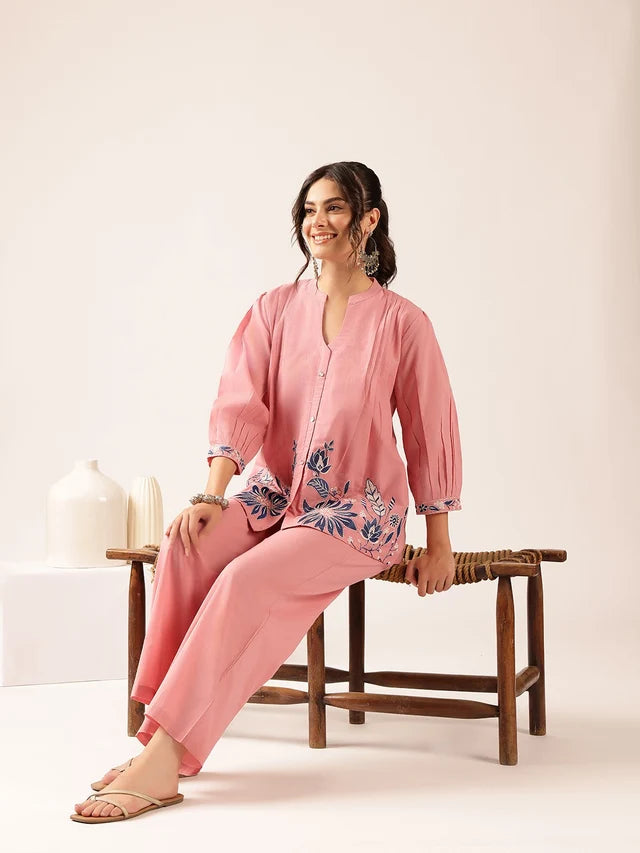 Blush Pink Floral Printed Co-Ord Set | Embroidered Top