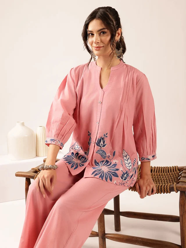 Blush Pink Floral Printed Co-Ord Set | Embroidered Top
