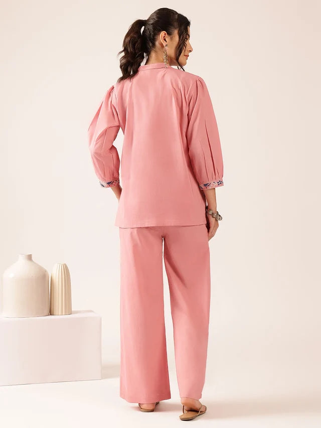 Blush Pink Floral Printed Co-Ord Set | Embroidered Top