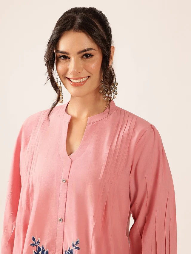 Blush Pink Floral Printed Co-Ord Set | Embroidered Top
