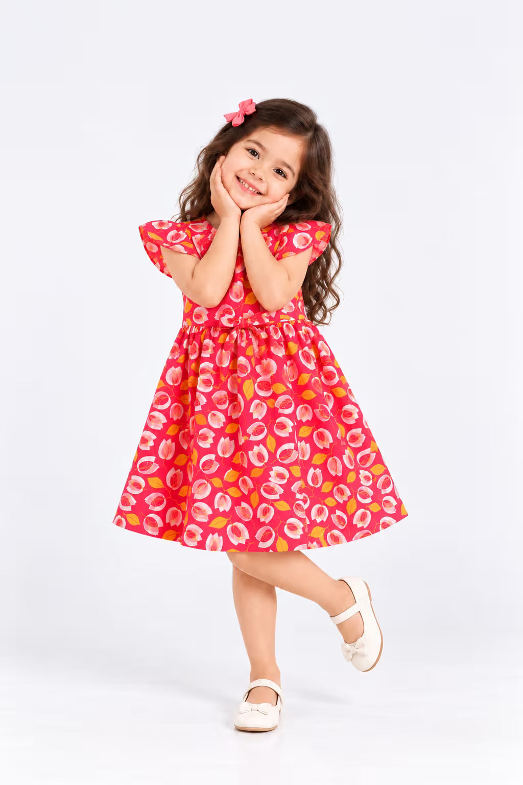 Pink floral tie-waist dress for girls