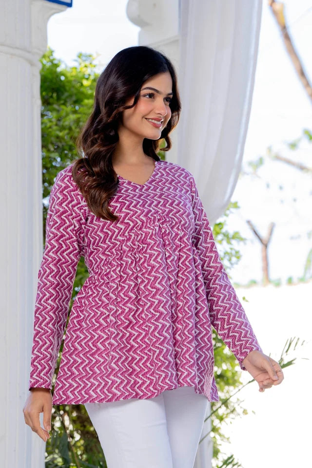 Women's pink zigzag printed cotton Alia top with long sleeves and relaxed fit