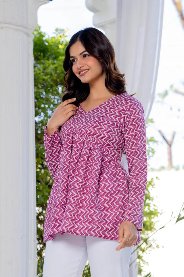 Pink Zigzag Printed Cotton Tunic Top