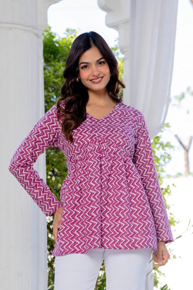 Pink Zigzag Printed Cotton Tunic Top