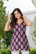 Women wearing a purple printed cotton halter top with tie-up back