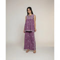 Purple printed cotton co-ord set for women with top and wide-leg pants