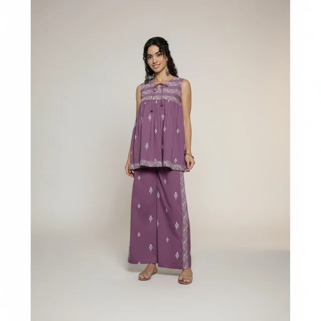Purple printed cotton co-ord set for women with top and wide-leg pants