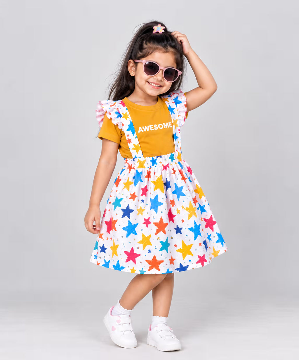 Mustard yellow star print suspender dress set for girls