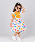 Mustard yellow star print suspender dress set for girls