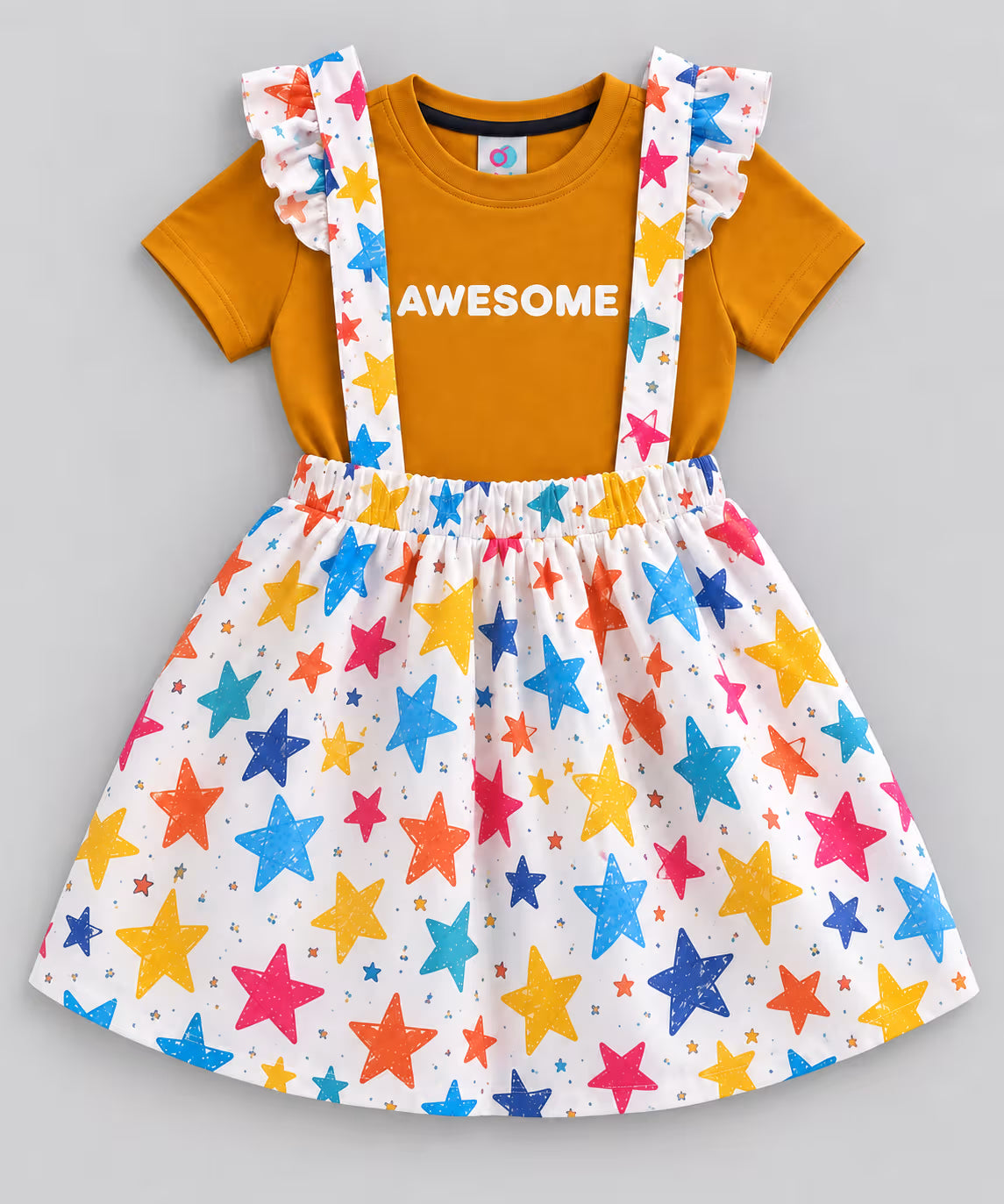 Mustard Yellow Star Print Suspender Dress Set for Girls