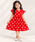 Red heart print cotton frock for girls with flutter sleeves and waist bow