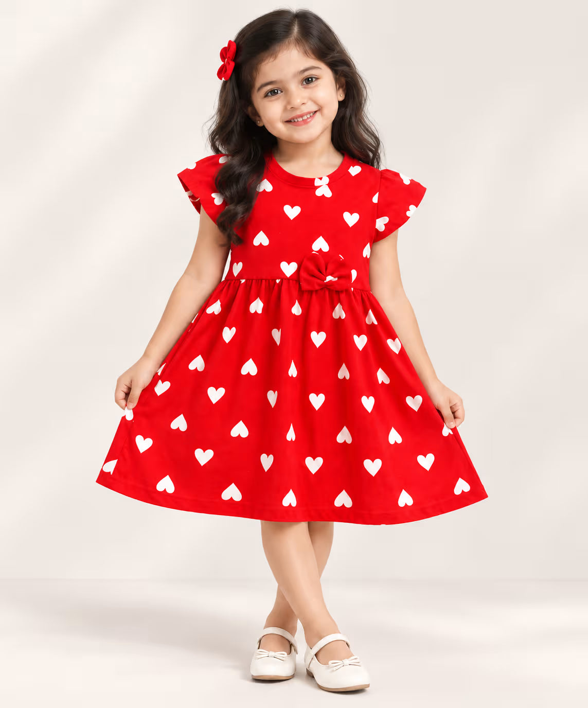 Red heart print cotton frock for girls with flutter sleeves and waist bow