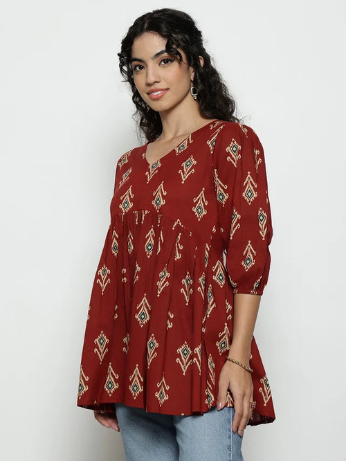 Dark Green Ikat Print Cotton Peplum Top