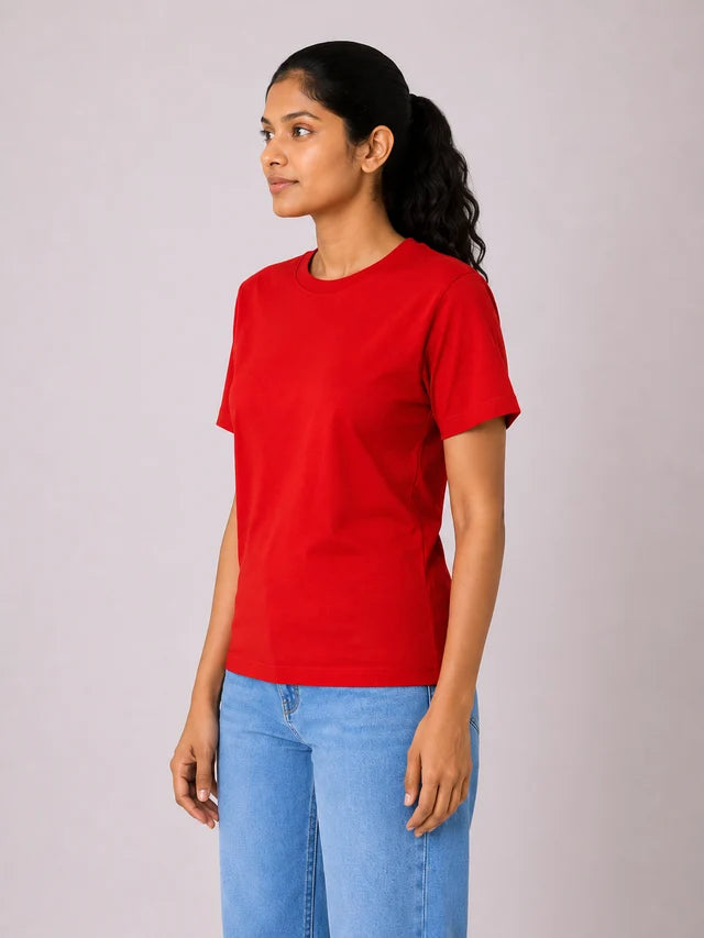 Women's 100% Cotton T-Shirt – Red | Bio-Washed Casual Tee
