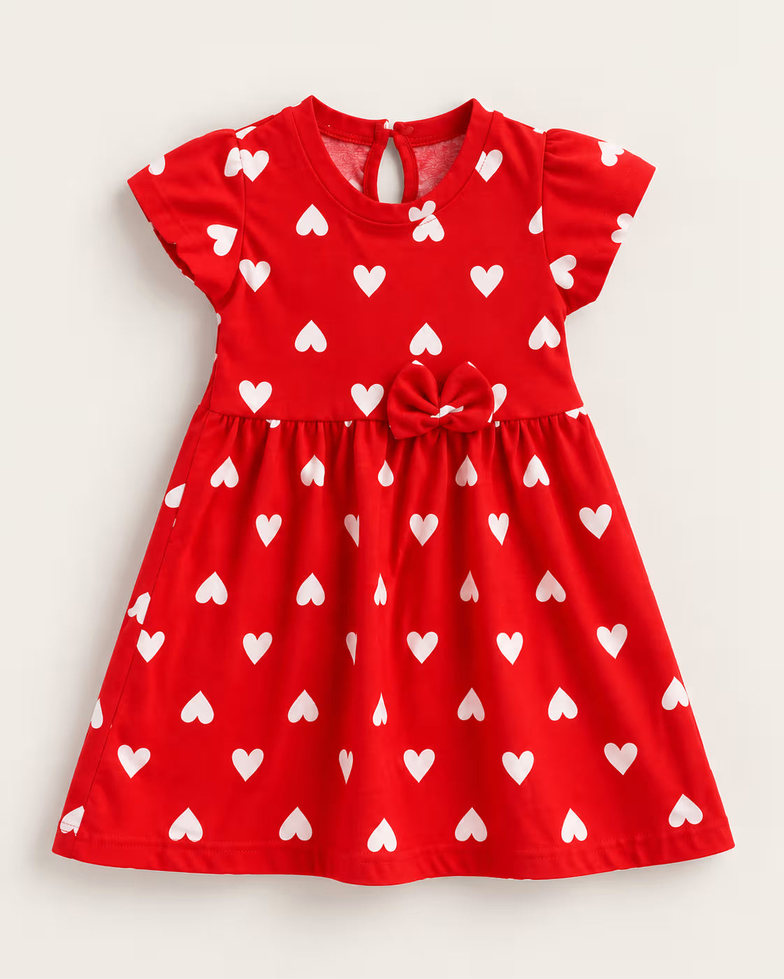 Red Heart Print Flutter-Sleeve Dress for Girls | Cotton Frock with Bow