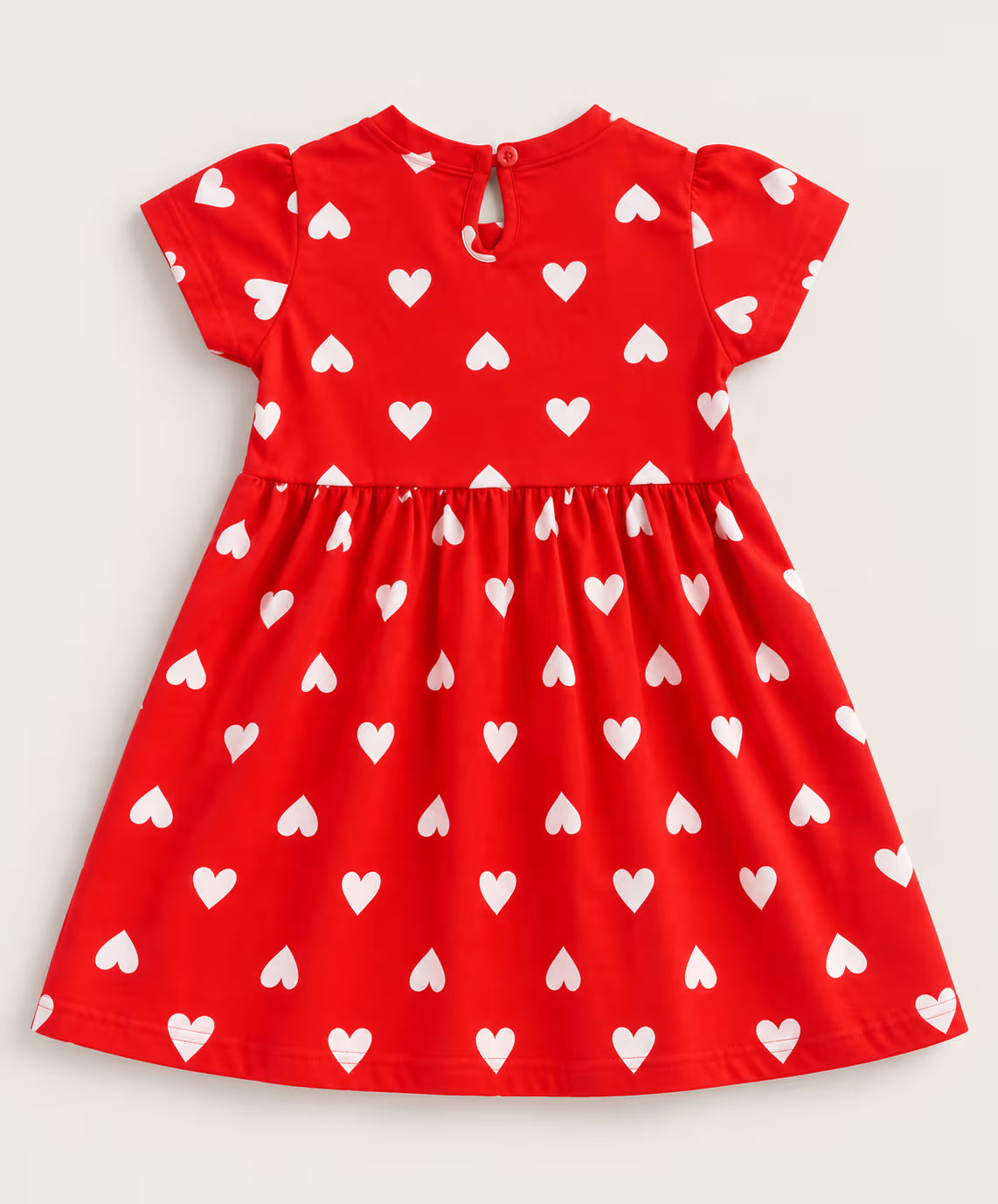 Red Heart Print Flutter-Sleeve Dress for Girls | Cotton Frock with Bow