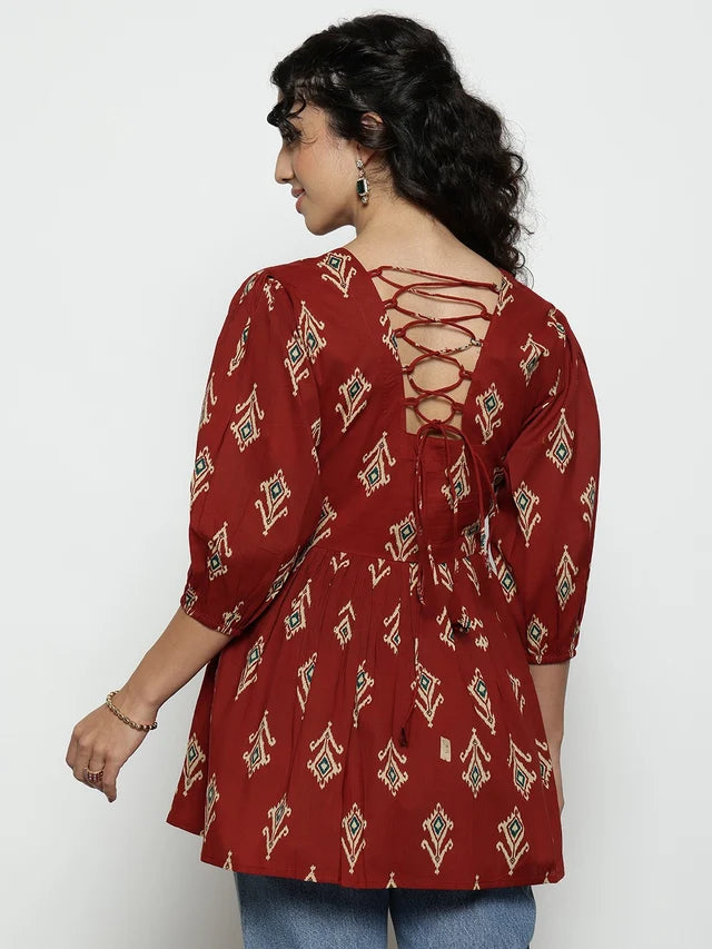 Dark Green Ikat Print Cotton Peplum Top