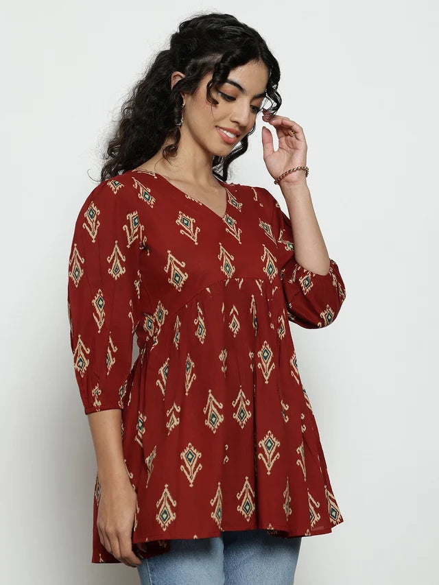 Dark Green Ikat Print Cotton Peplum Top