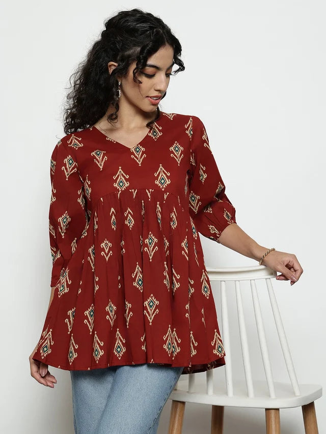 Dark Green Ikat Print Cotton Peplum Top