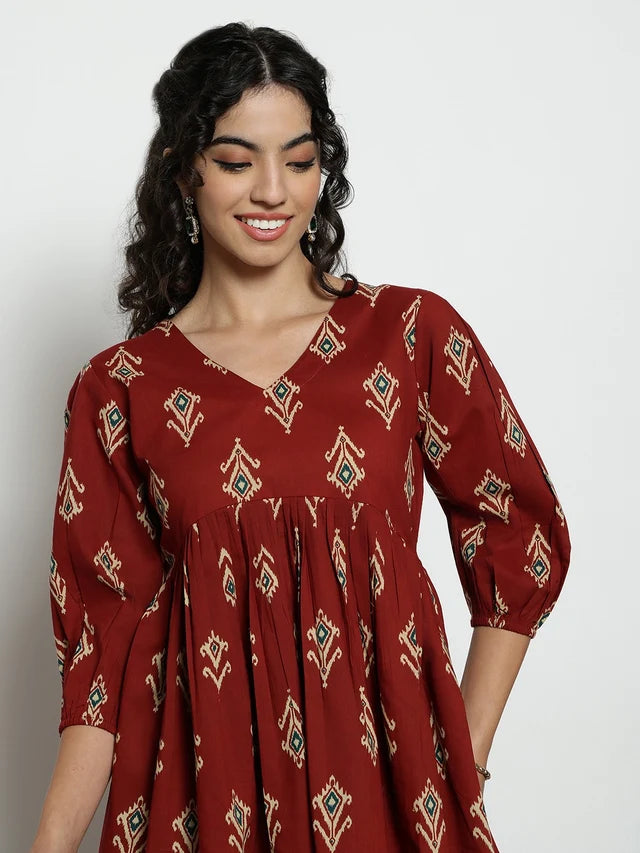Dark Green Ikat Print Cotton Peplum Top