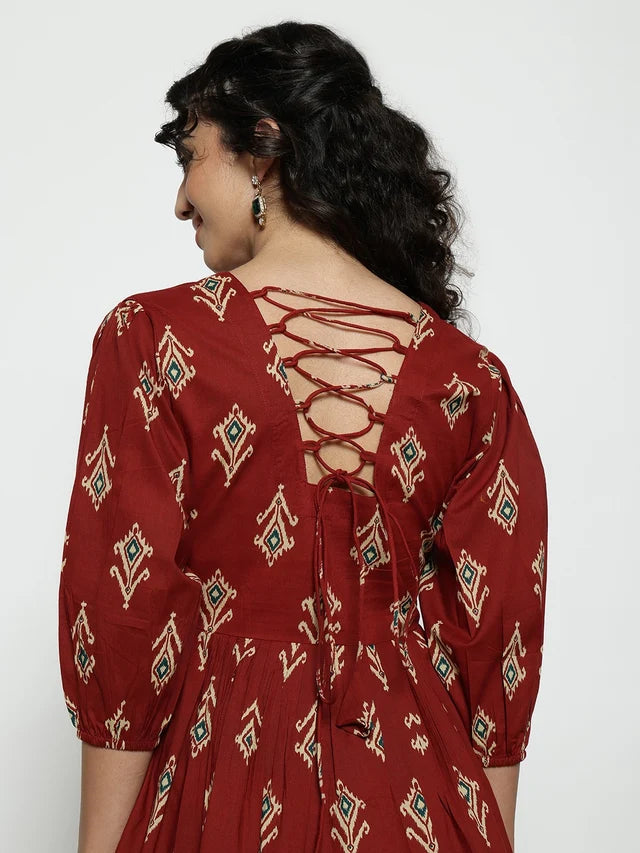 Dark Green Ikat Print Cotton Peplum Top