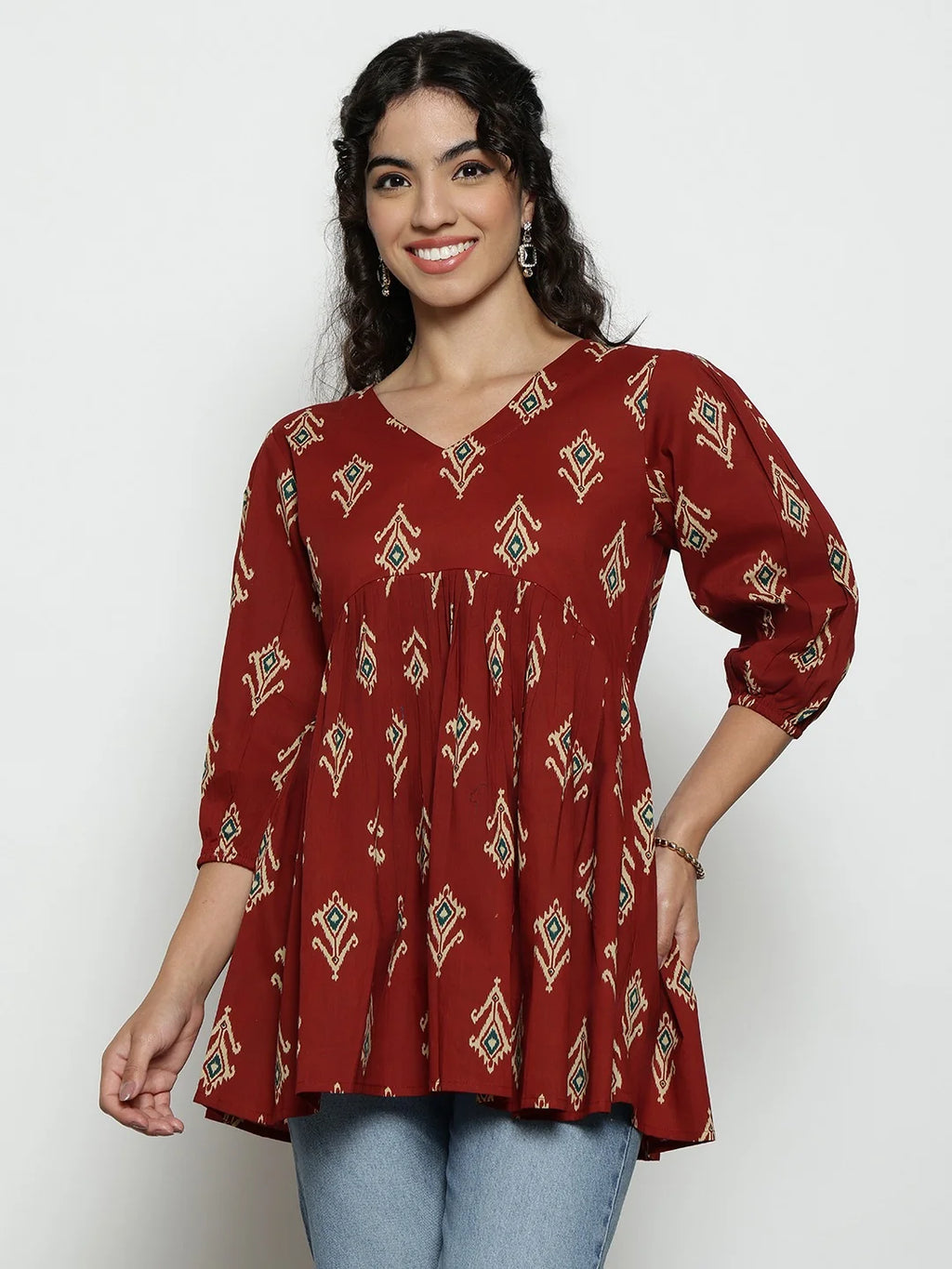 Dark Green Ikat Print Cotton Peplum Top