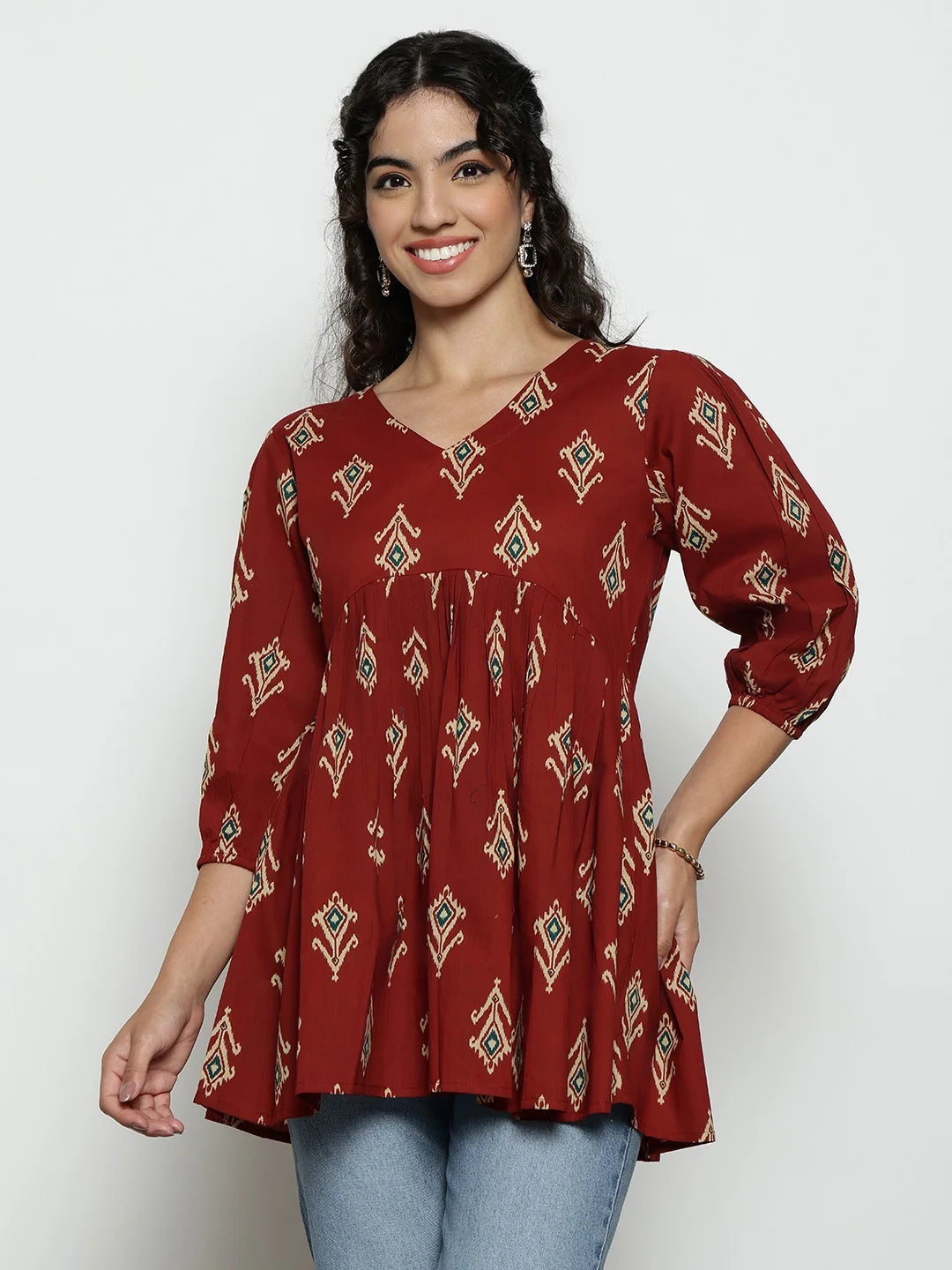 Dark Green Ikat Print Cotton Peplum Top